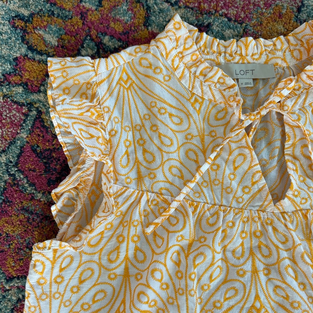 Ann Taylor LOFT | Womens White/Orange Ruffle Collar/Cap Sleeve Embroidered Top M - Picture 11 of 16